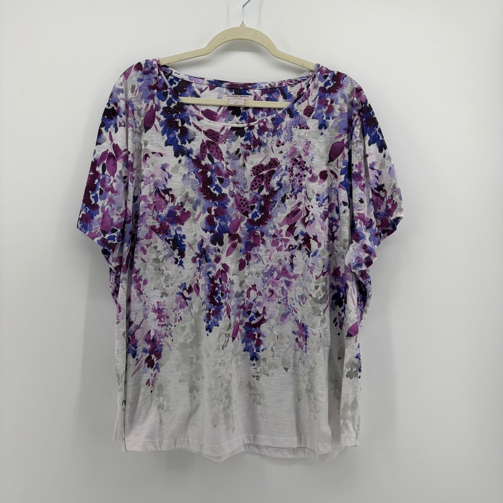 Allison Daley Womens 3X Purple Floral Scoop Neck Short Sleeve Slub Knit Top